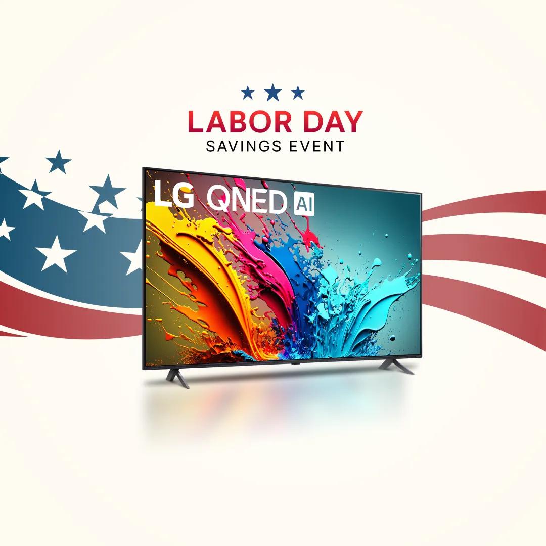 ”Labor Day Savings Event” title badge. An LG QNED TV on a stars and stripes background.