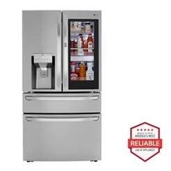 LG French door refrigerator with InstaView, Door-in-Door feature, ice dispenser in the door and extra freezer drawer. Next to it is a badge that says, “Brought to you by America’s most reliable line of appliances.”