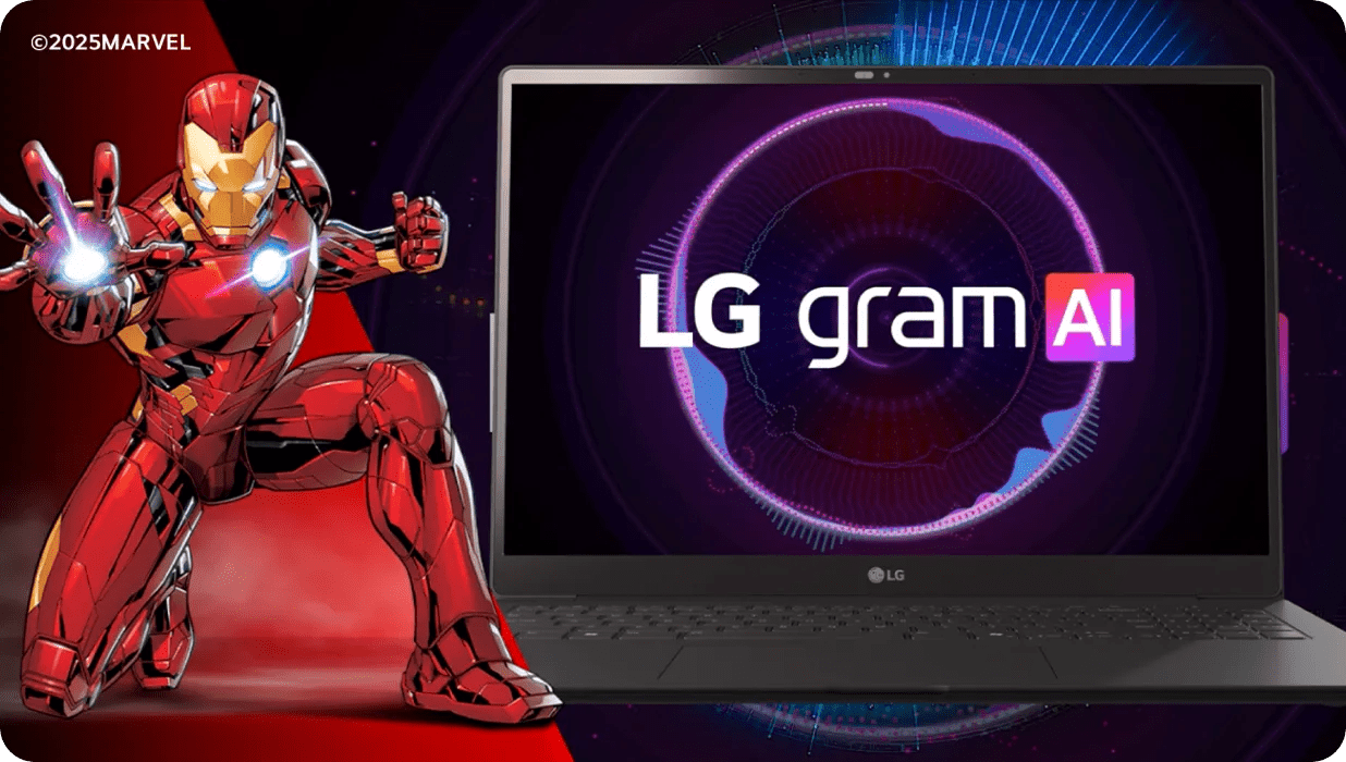 A dynamic image featuring a red and gold armored Iron Man on the left, striking a pose. To the right, an open laptop displays the text LG gram AI on the screen, with a colorful circular graphic in the background. ©2025MARVEL.