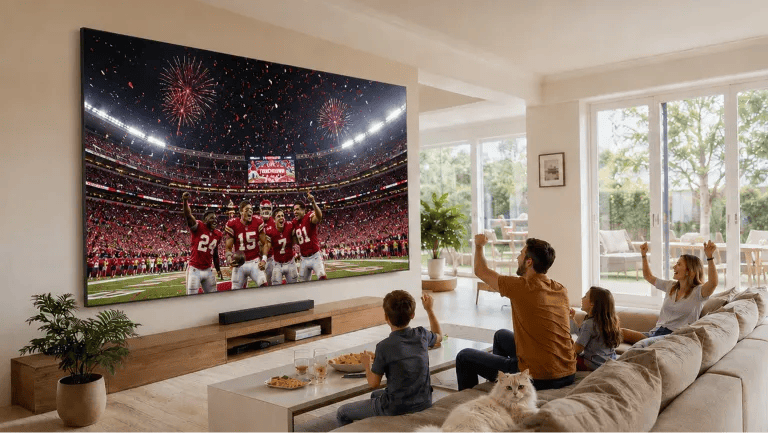 Labor Day promotion featuring a large LG TV wall-mounted in a bright living room displaying a football celebration scene, with a Soundbar below and a family cheering on a sofa