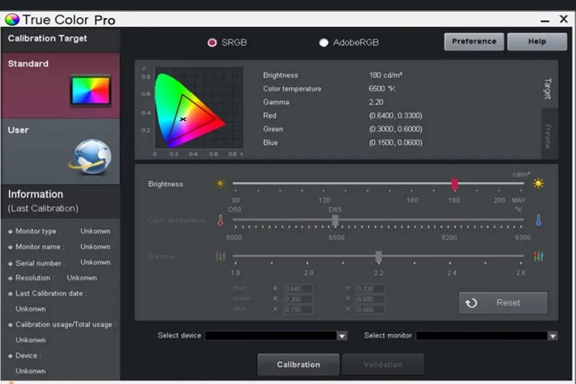 Screenshot of the True Color Pro software interface for monitor calibration, featuring color settings and adjustment sliders.