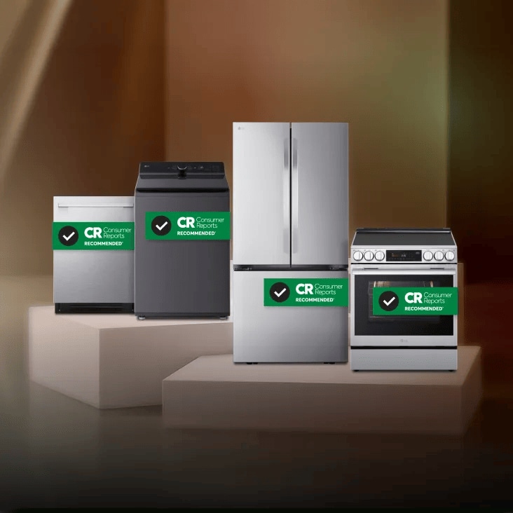 A dishwasher, top-load washer, French door refrigerator, and range on pink platforms, each with a green Consumer Reports Recommended badge.