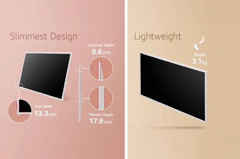 Two LG e-paper displays on pink and beige backgrounds. Callout images and text highlight the following: Slimmest Design. Slimmest depth of 8.6 mm, thickest depth of 17.8 mm. Even bezel of 13.3 mm. Lightweight, only 3.1 kg.