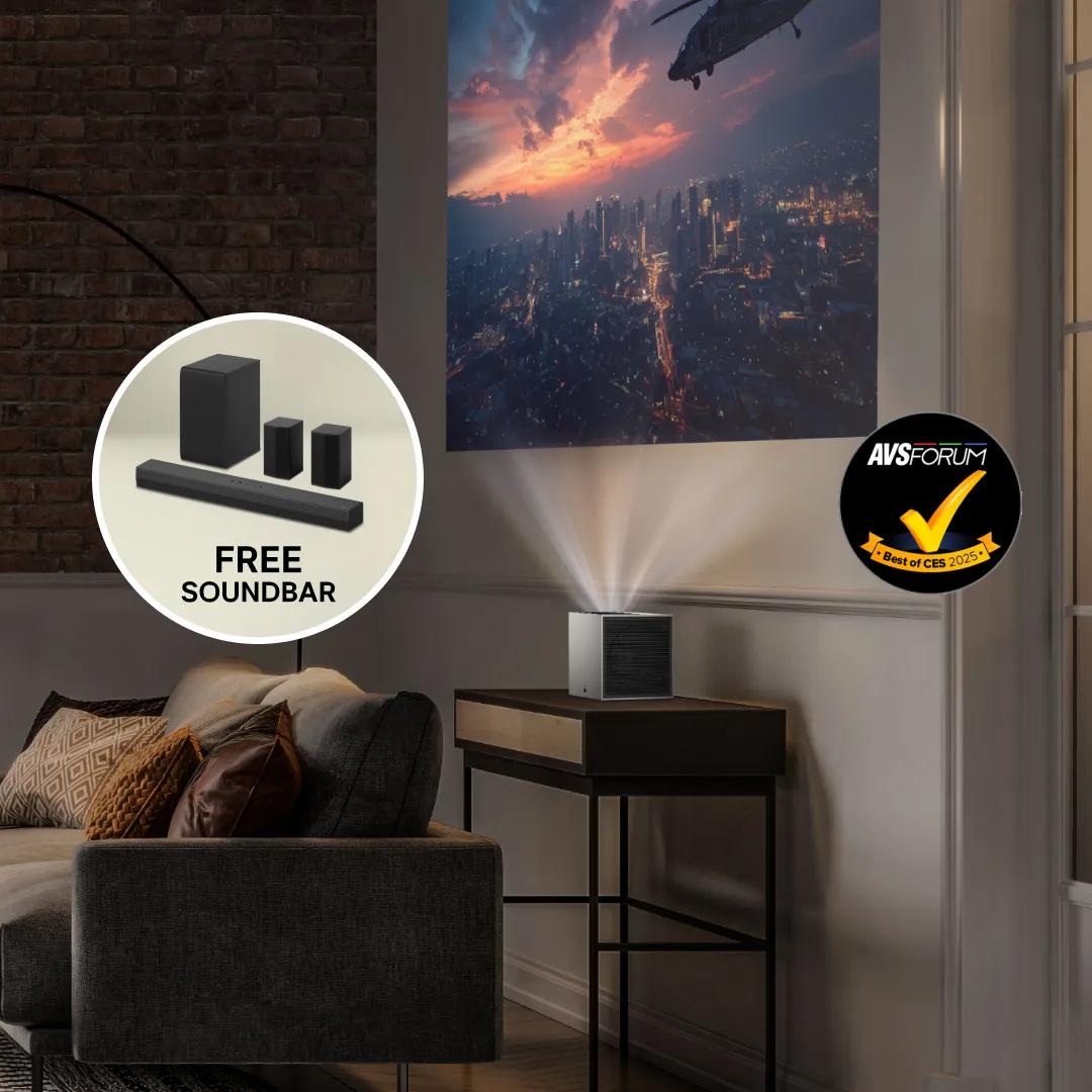 CineBeam projector displays vivid scene on nearby wall in a living room setting. “Free soundbar” pop-up. “AVS Forum: Best of CES 2025” badge.