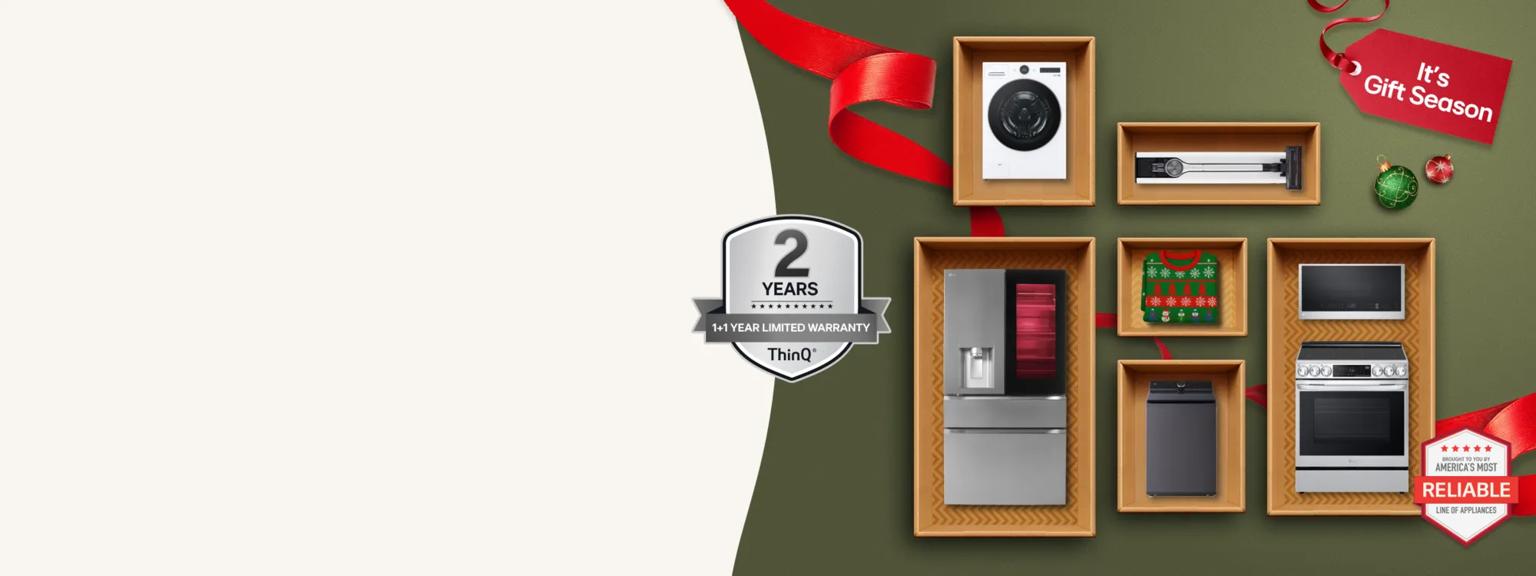 “It’s Gift Season” tag. Various LG appliances and holiday-themed items appear in a gift box collage layout.  “America’s Most Reliable Line of Home Appliances” badge. “ThinQ 2 Years 1+1 Year Limited Warranty” badge.