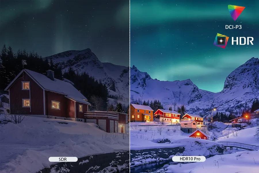 32U701SB-B SmartMonitor Vivid Color feature showing HDR10 Pro and DCI-P3 color comparison with split-screen winter landscape