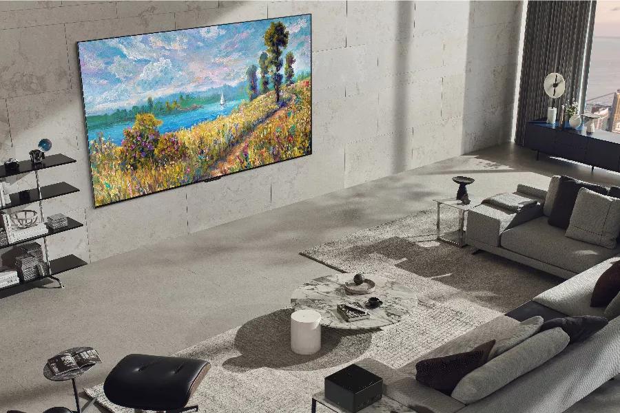 A TV in the living room displays art on the screen.