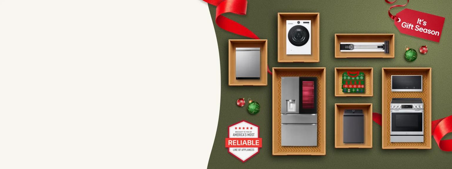 “It’s Gift Season” tag. Various LG home appliances appear in a gift box collage layout.  “America’s Most Reliable Line of Home Appliances” badge.