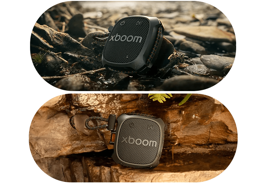 LG xboom ROCK_CNOALRE portable speaker with carabiner clip in rugged outdoor adventure settings