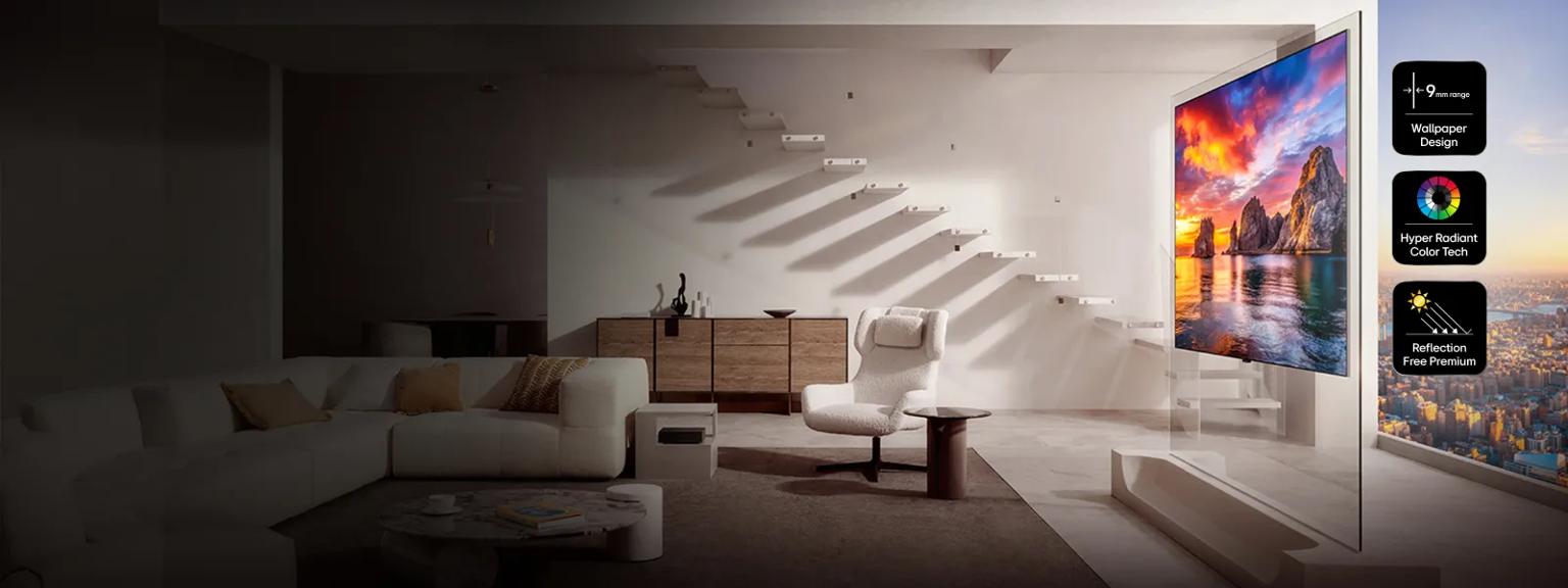 An OLED G6 TV in a stylish sun-filled living room. “Wallpaper Design”, “Hyper Radiant Color Tech” and “Reflection Free Premium” badges.