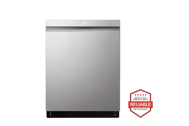 A front-facing image of an LG LDPH7972 top control dishwasher next to a red "Brought to you by American's Most Reliable Line of Appliances" badge.