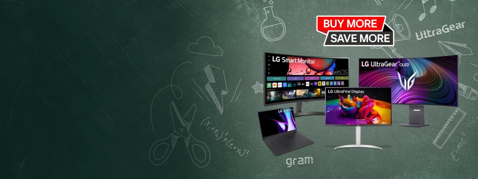 A group of LG laptops and monitors appear on a school-themed blackboard graphic. 