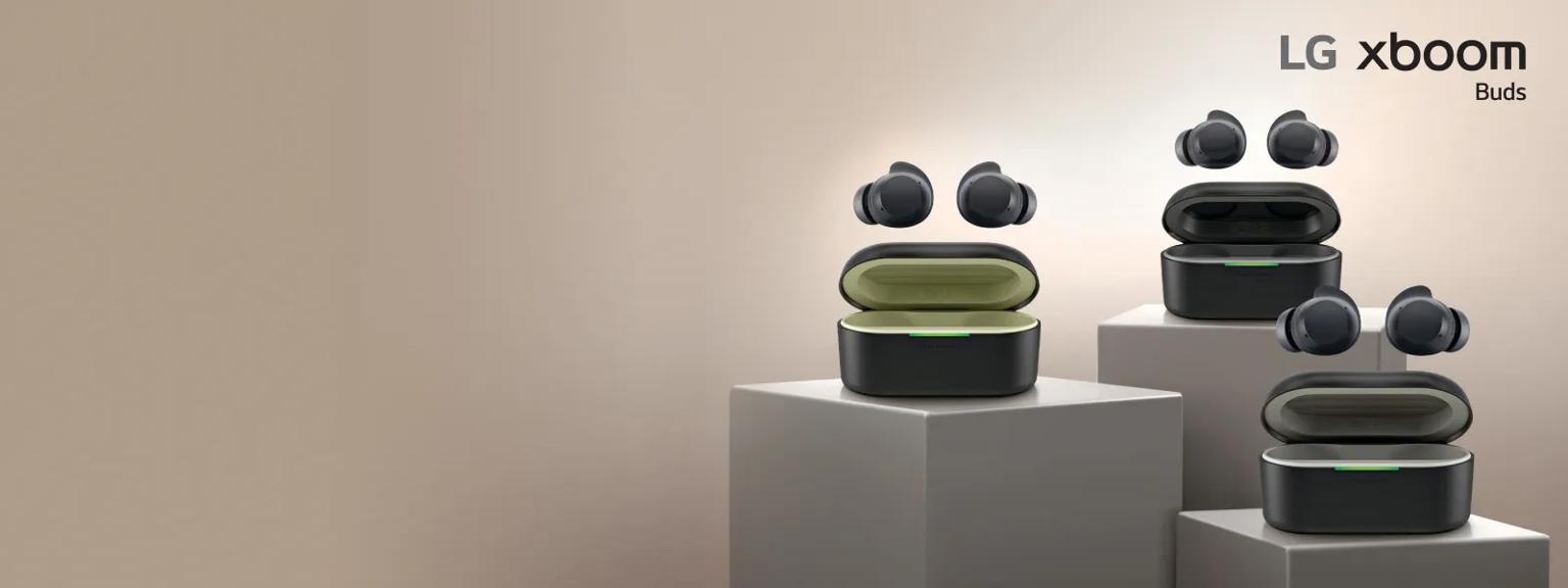 The new xboom Buds Plus and xboom Buds Lite with their charging cases on display.