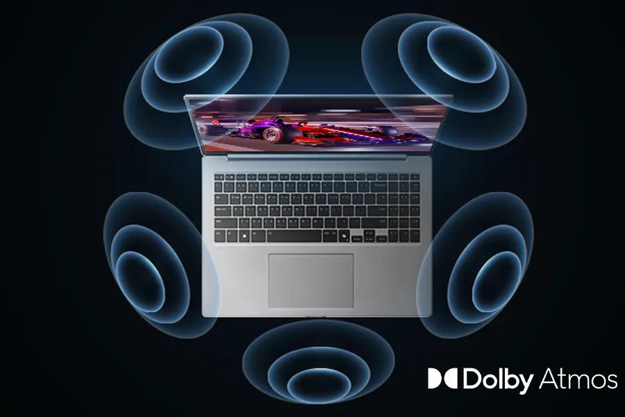LG Gram 15Z95U-G-AU87U1 laptop with Dolby Atmos surround sound visualization showing blue sound waves emanating from all sides