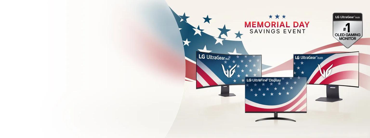 “Memorial Day Day Savings Event” title badge. A group of LG monitors on a stars and stripes background. “LG UltraGear OLED #1 Gaming Monitor” badge.”