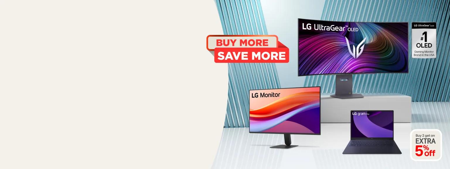 “Buy More, Save More” badge. Various LG Laptops and Monitors appear on a blue and white background. “LG UltraGear OLED: #1 OLED Gaming Monitor Brand in the USA” badge. “Buy 2 get an extra 5% off” pop-out text.