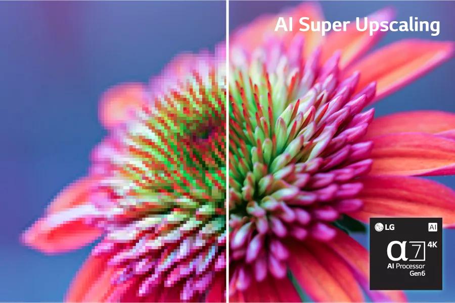 A split screen of a sunflower with the right side showing sharper details. Text: AI Super Upscaling. Alpha7 AI Processor Gen 6 chip.
