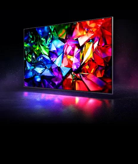 LG Micro RGB TV screen showcasing Micro RGB technology with Micro Dimming Ultra, filled with vivid jewel-like colors that emphasize high peak brightness, deep contrast, and precise color control on a dark background.