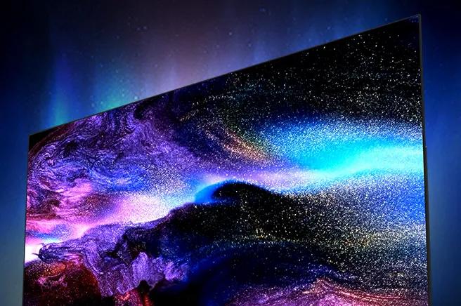 LG TV featuring Picture quality by display showcases a sleek angled screen filled with luminous galaxy-like textures and vivid color gradients, highlighting immersive visual depth and clarity.