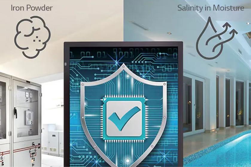 The image depicts a hospitality TV displaying a shield icon with a checkmark. To the right of the screen is an indoor pool with a water drop icon and the words 'Salinity - Moisture'. To the left is a server room with a dust icon and the words 'Iron Powder'.