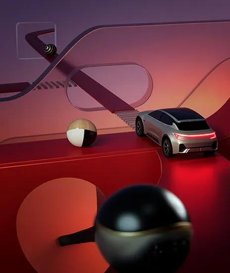 LG Mobility's vision for future intelligent driving depicted in a futuristic maze, where luminous spheres represent seamlessly integrated AI solutions—head unit, automotive display, connectivity, ADAS, and software.