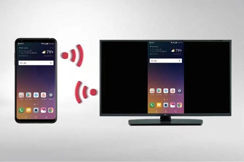 Smartphone mirroring its screen to LG Hospitality TV television.