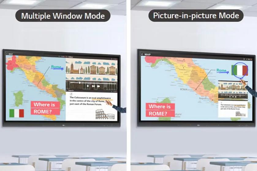 Two graphics of CreateBoard in a classroom. One shows multiple window mode, with two windows side-by-side on the CreateBoard display. The other shows picture-in-picture mode, with a smaller window overlaid on a larger window.