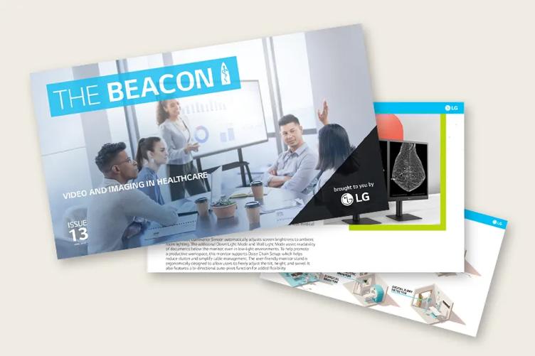 Three pages overlapping slightly on a warm beige background. The top page is the front cover of The Beacon issue 13. Below it are two interior pages from The Beacon, with glimpses of images and text visible behind the cover page.