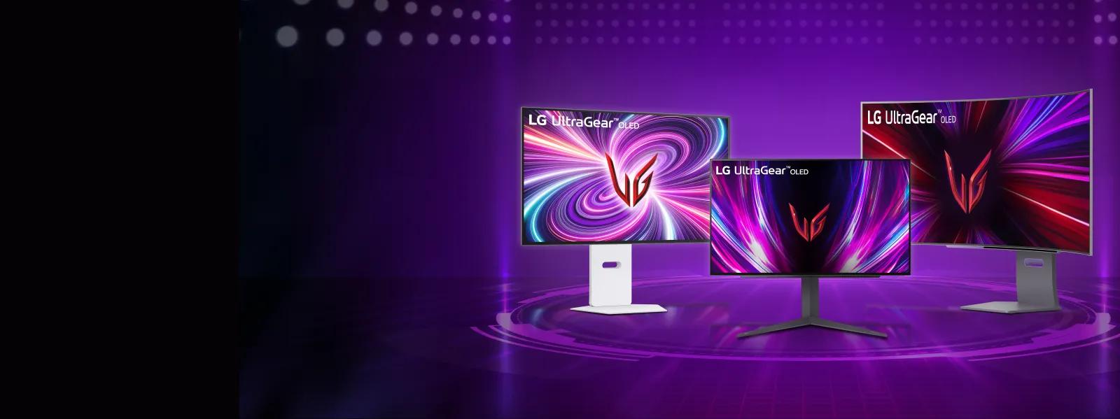 Three LG UltraGear OLED gaming monitors displayed on a futuristic purple-lit background. The monitors showcase vibrant, swirling graphics with the LG UltraGear logo in the center of each screen. The setup includes a curved and flat screen, highlighting different design options.