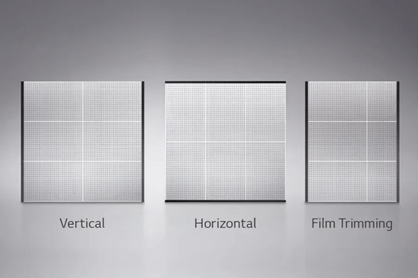 Three perforated panels labeled Vertical, Horizontal, and Film Trimming on a gray background.