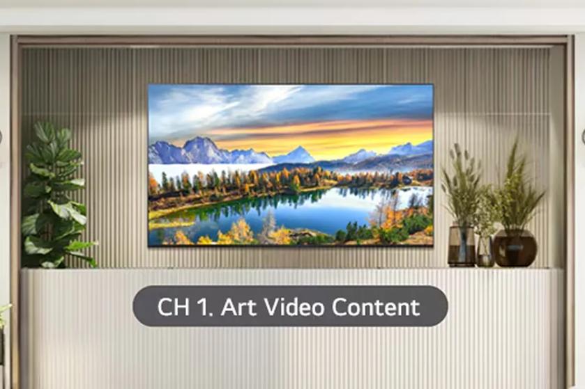 Modern living room with a wall-mounted TV displaying a colorful mountain landscape, surrounded by decorative plants.

Transcribed Text:

CH 1. Art Video Content.