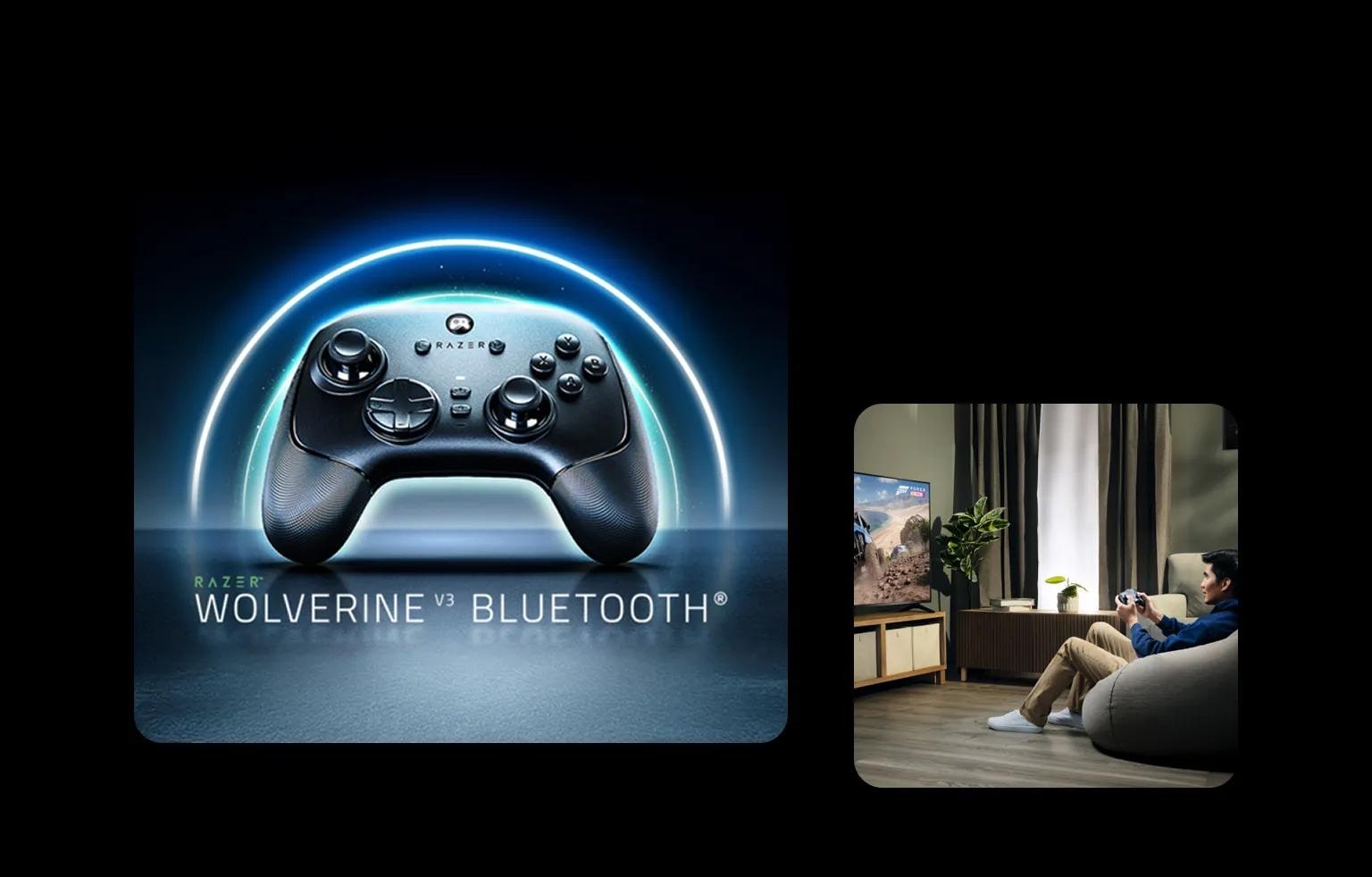 Razer Wolverine V3 Bluetooth controller with glowing teal halo effect alongside a person sitting on a bean bag chair holding a game controller while playing a racing game on an LG TV in a living room setting.