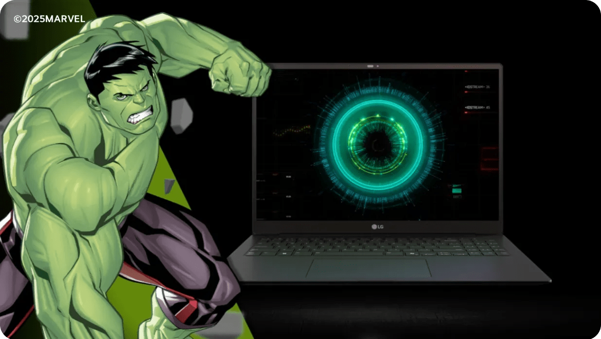 The Hulk with a clenched fist is positioned next to an open LG gram laptop. The laptop screen displays a glowing green digital interface resembling a radar. ©2025MARVEL is visible in the corner.