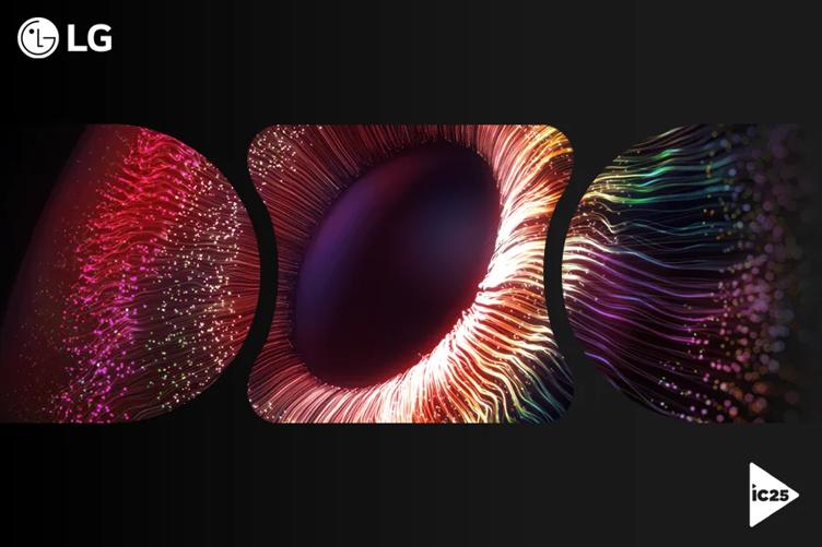 Close-up colorful image of an abstract human eye. The image is framed across three rounded shapes. The LG logo is in the top left corner and the Infocomm 25 logo is in the bottom right corner. 