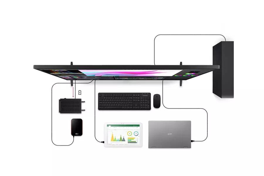 Top view of the 43UN700T B monitor interconnected with other electronic devices