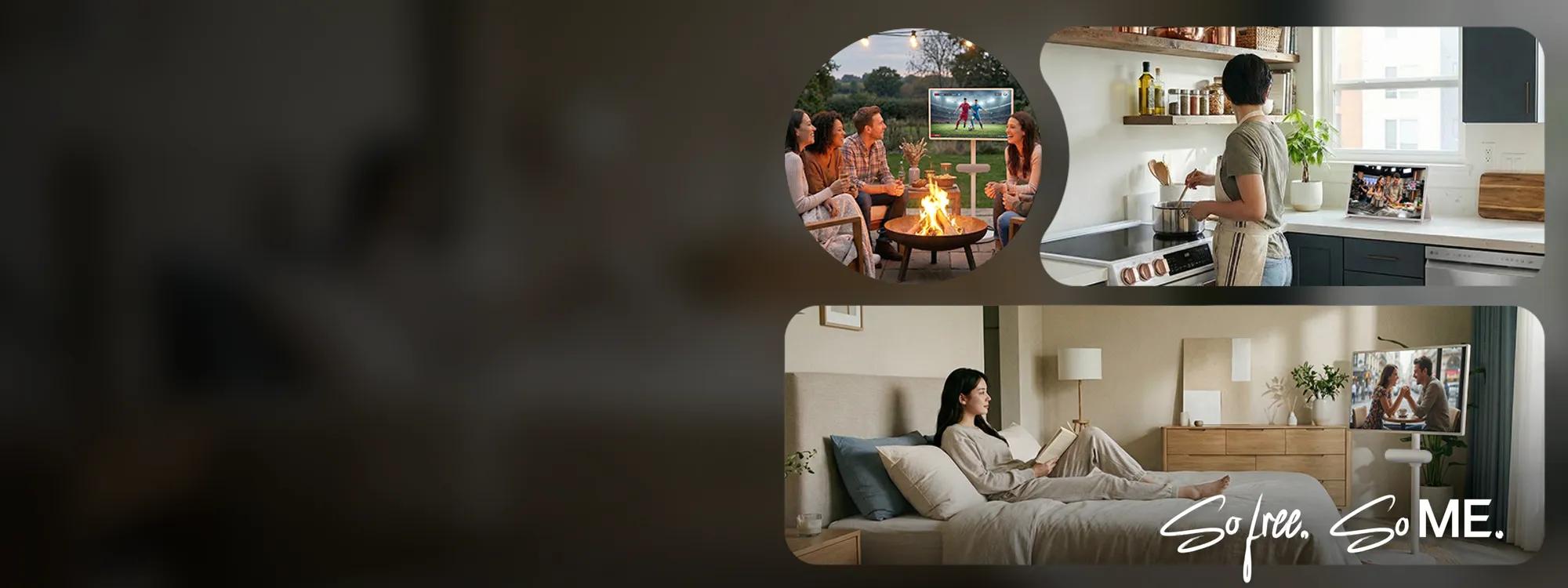 LG StanbyME promotional banner featuring three lifestyle scenes: friends gathered around a fire pit outdoors watching an LG StanbyME display on a stand, a person cooking in a kitchen with an LG StanbyME display on the counter, and a woman relaxing on a bed in a bedroom with an LG StanbyME display on a stand nearby. Embedded text reads: So free. So ME.