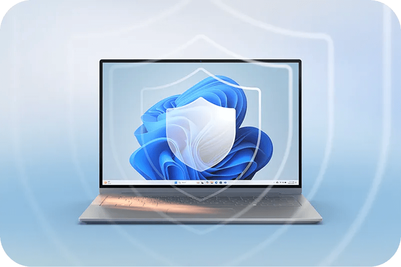 LG gram with Windows 11 display and shield icon overlay, symbolizing built-in device security.