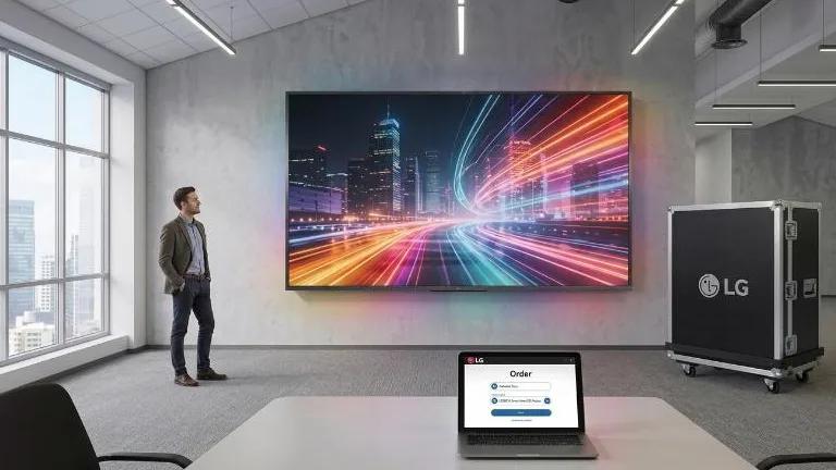 A man admired vivid LG All in One DVLED. A DVLED flight case and laptop with monitoring software are nearby. 