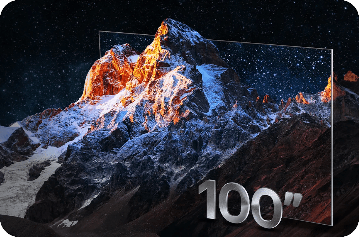 LG 100-inch TV displaying a stunning mountain scene in ultra-high resolution under a starry night sky.