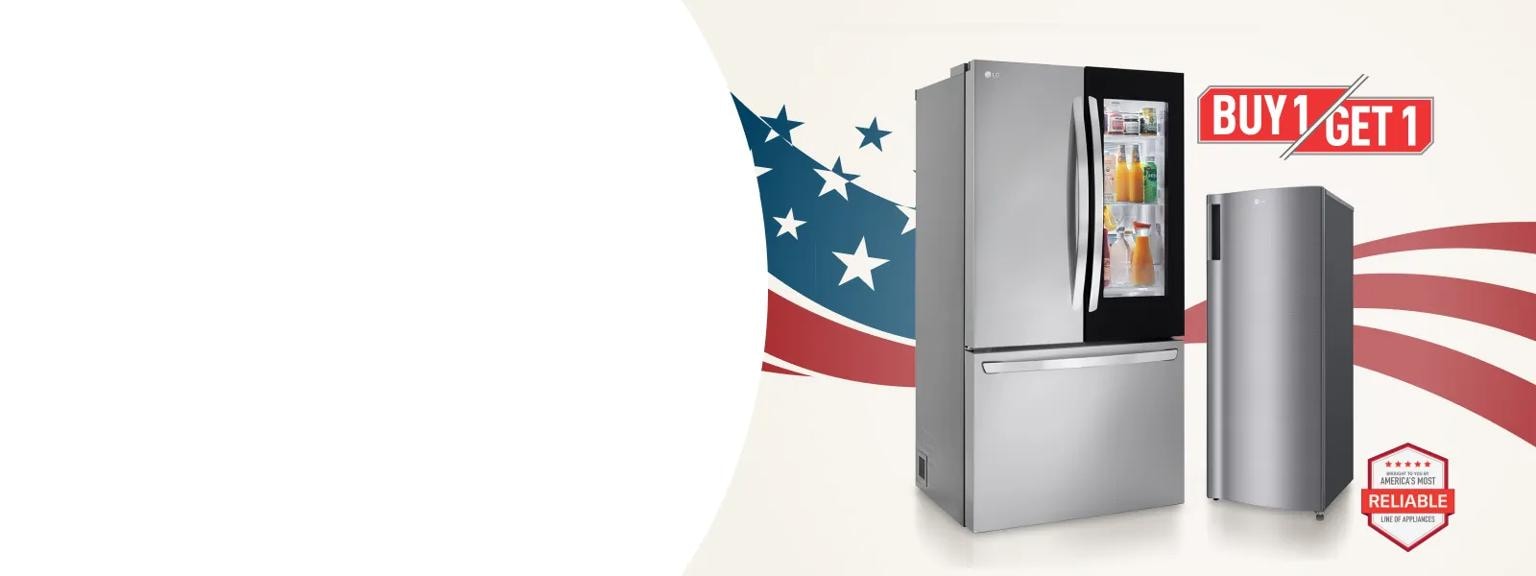 A French Door Refrigerator and Single Door Refrigerator appear in front of a graphic of the American flag. A “Buy 1, Get 1” badge appears above the appliances. “America’s Most Reliable Line of Home Appliances” badge appears below. 