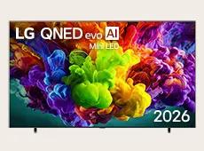 The front view of LG QNED evo AI Mini LED QNED90, released in 2026, fills the screen with vivid, fluid bursts of multicolored, paint-like motion, as dense clouds of color blend seamlessly across the display.