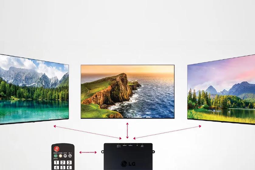 Three TVs showing different landscapes connected to an LG box with a remote control.