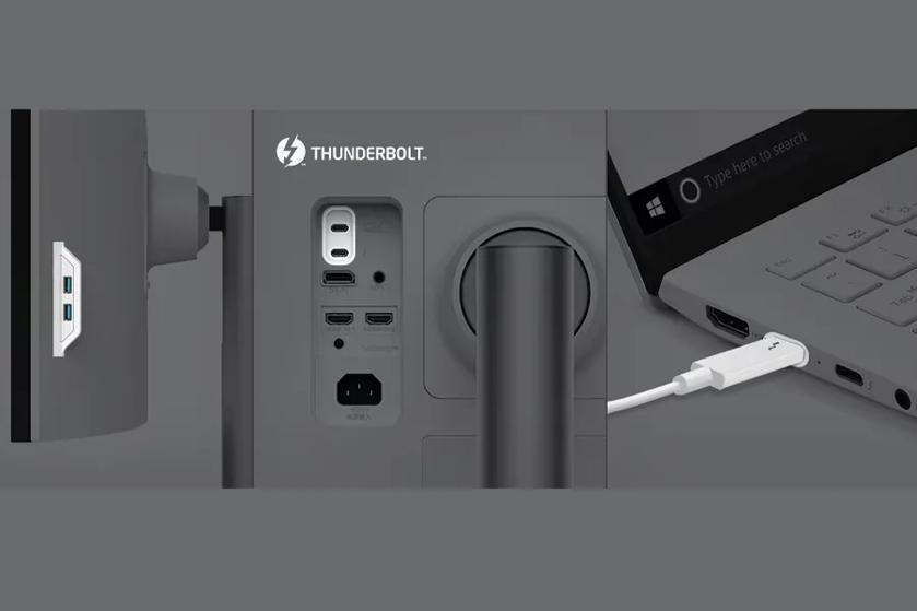 The image is a composite of three sections showcasing connectivity features of a computer monitor and a laptop. On the left, a side view of a monitor is shown with two USB ports outlined in white. The middle section reveals the back of the monitor, displaying various ports including USB, HDMI, and a power socket. Above the ports, the word "THUNDERBOLT" is written alongside its logo. On the right is a close-up of a laptop with a white cable plugged into a port. The laptop screen is angled slightly downward.