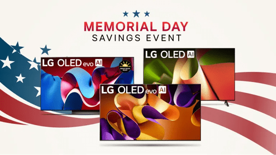 Three LG OLED evo AI TVs displayed against an American flag backdrop, promoting a Memorial Day Savings Event with vibrant screen visuals.