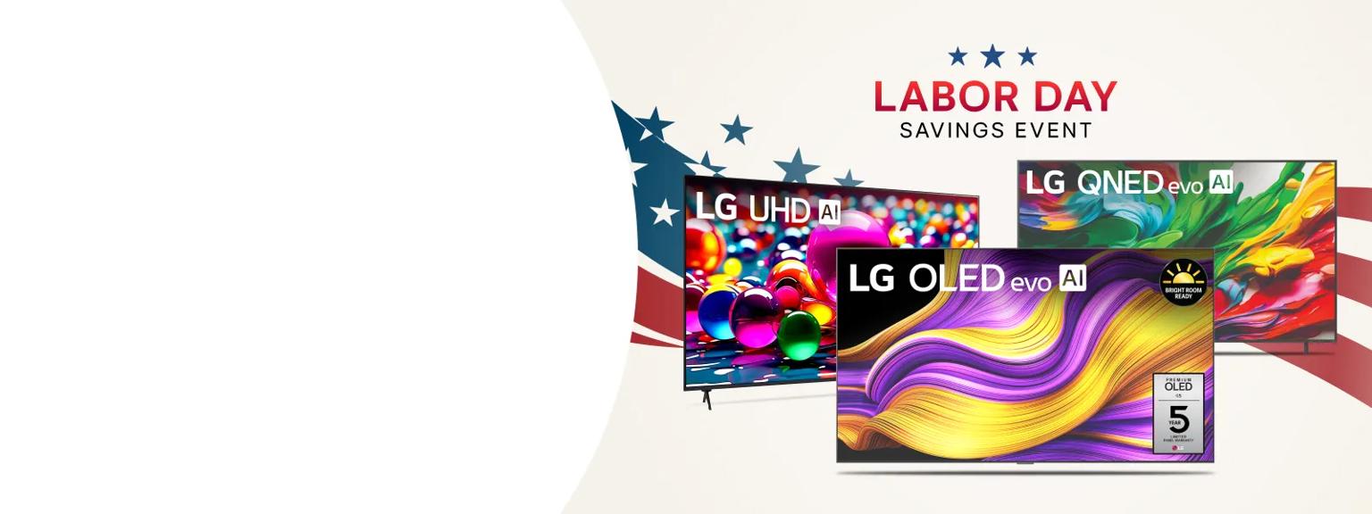 ”Labor Day Savings Event” title badge. A group of LG TVs on a stars and stripes background.