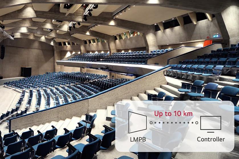 nterior of a modern lecture hall with blue seating and concrete walls, featuring a diagram overlay about device communication.

Transcribed Text:

Up to 10 km
LMPB
Controller