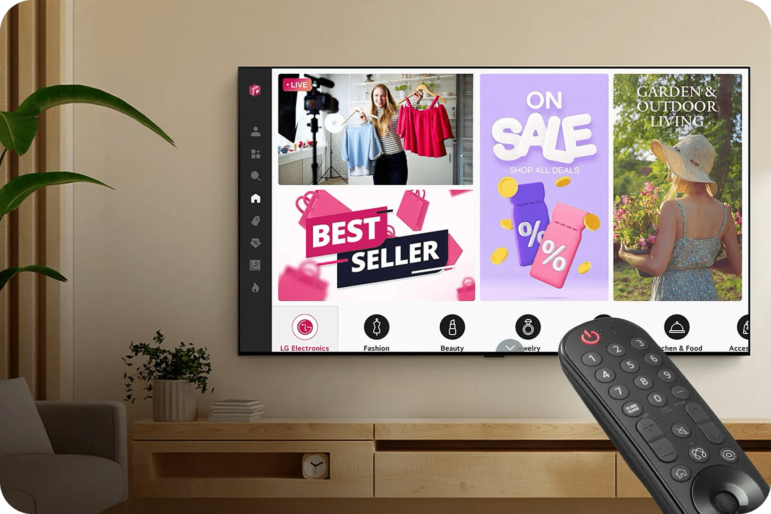 Living room with LG TV showing a shopping app interface featuring Best Seller and On Sale banners, alongside categories like fashion and outdoor living. An LG Magic Remote is visible in the foreground.