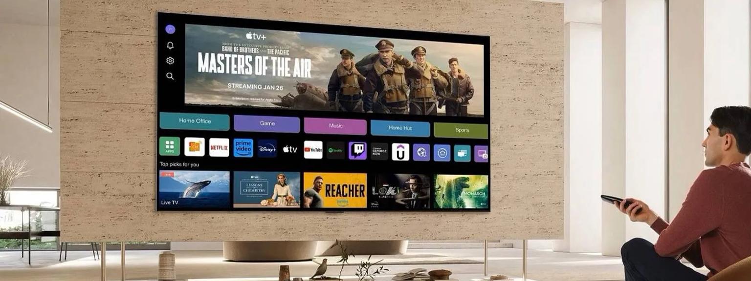 Man enjoying a smart TV experience with an LG AI TV featuring a user-friendly interface and streaming options in a modern living room.