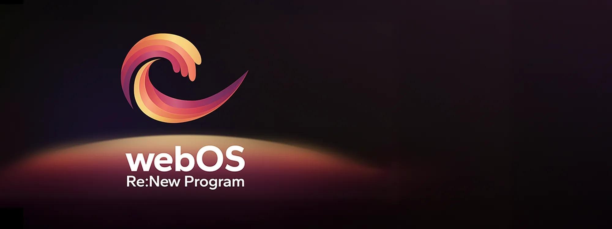 Logo for the webOS Re:New Program with a vibrant swirl in orange, pink, and purple above.