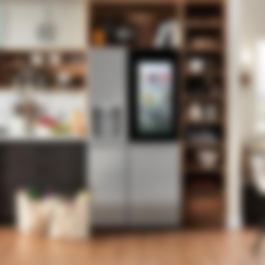 The LG Side-By-Side InstaView Refrigerator in a modern kitchen with rich wood accents. Grocery bags sit on the floor next to it.